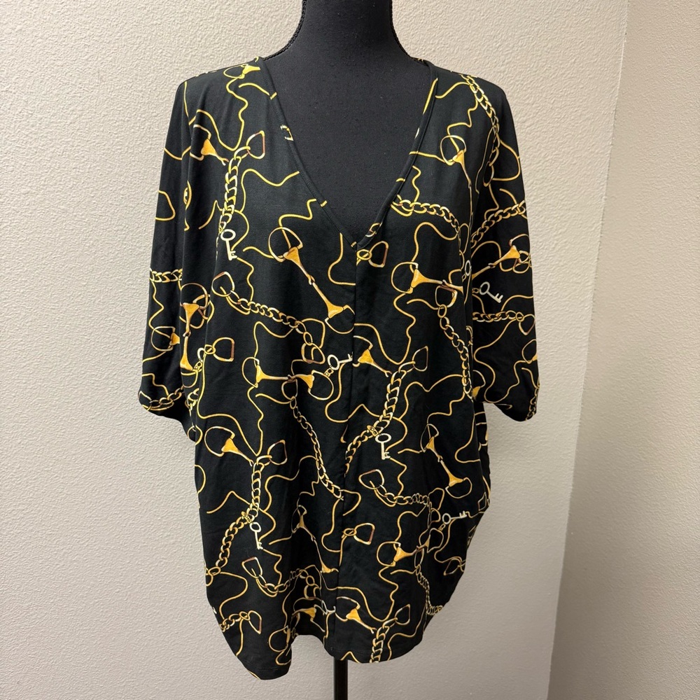 NWT Sheila Rose 3X Black Gold Chain Print Blouse V Neck Stretch Tunic Top - Picture 4 of 12
